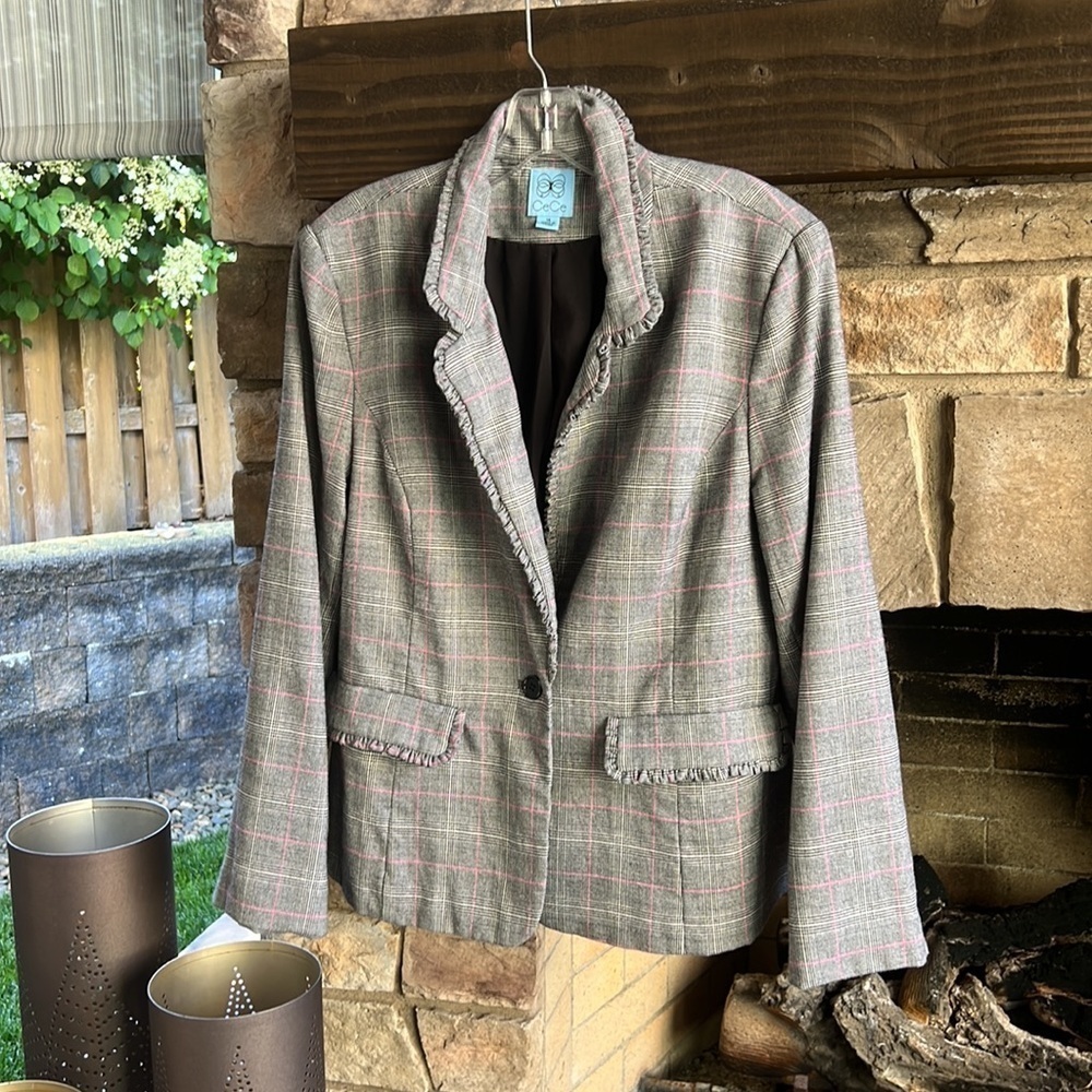 CeCe Pink and Gray Plaid Blazer 14 - Picture 2 of 7